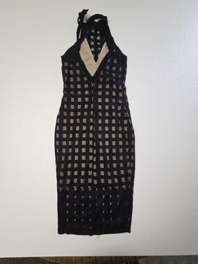 Source Unknown Black Grid Halter Mini Dress with Nude Slip